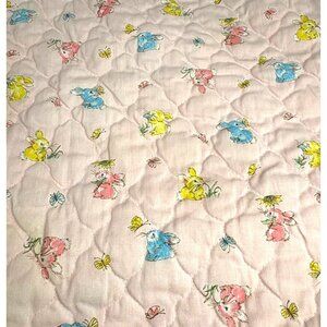 Vintage Baby Quilt Lace Trim Pink Bunny Butterfly Pattern Soft Cotton Nursery